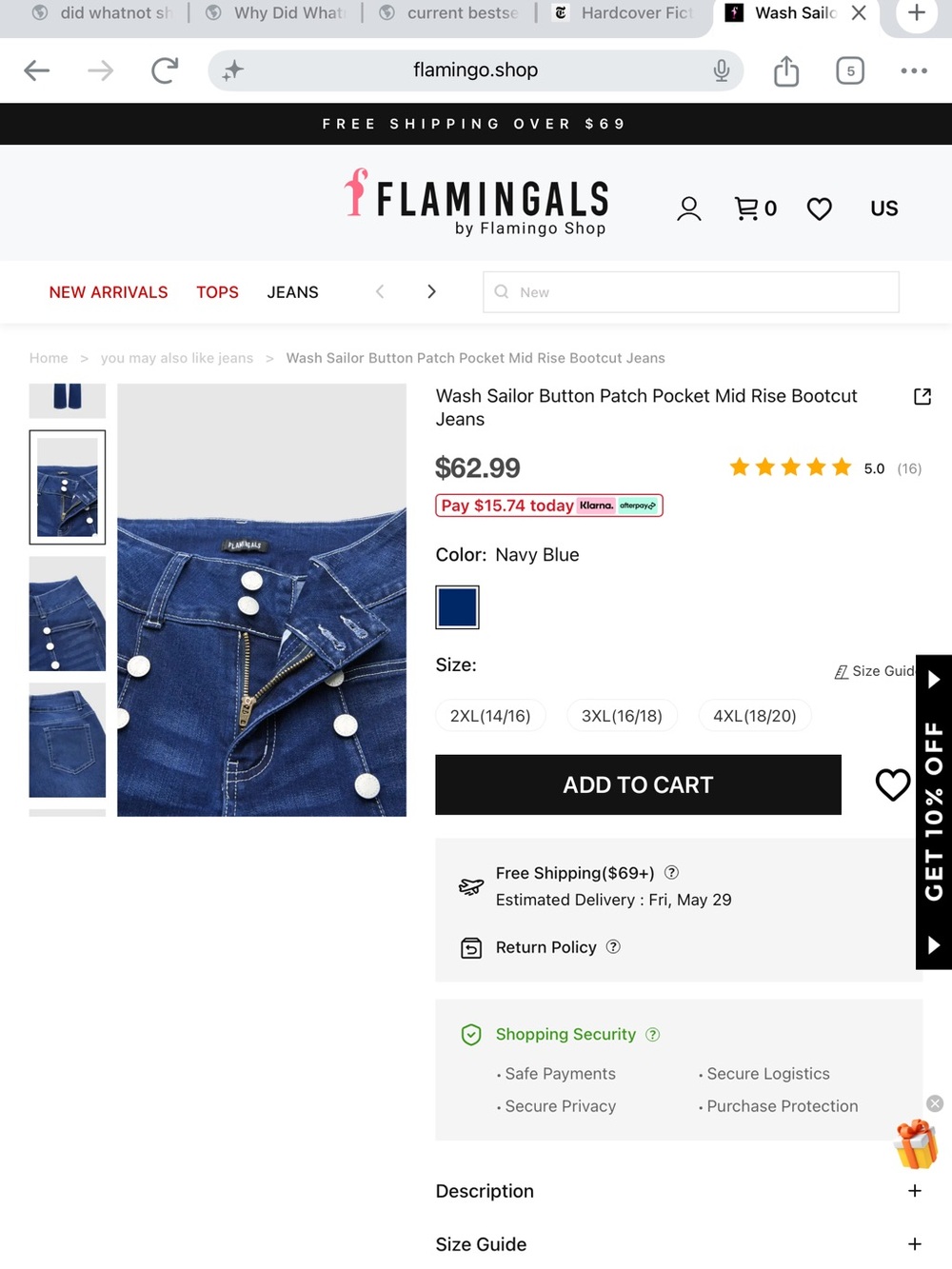 Flamingals Wash Sailor Button Patch Pocket Mid Rise Bootcut Jeans - Picture 7 of 10